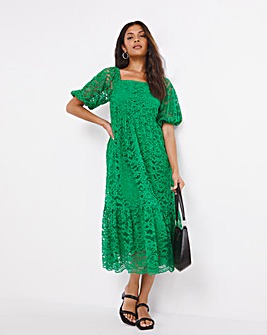 Green Square Neck Puff Sleeve Lace Dress