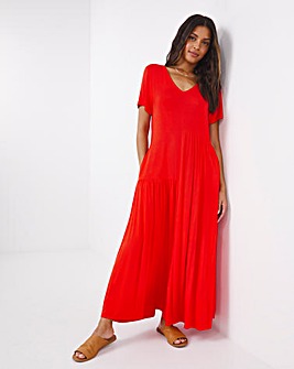 Red Jersey Tiered Asymmetric Dress