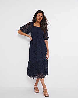 Navy Square Neck Puff Sleeve Lace Dress