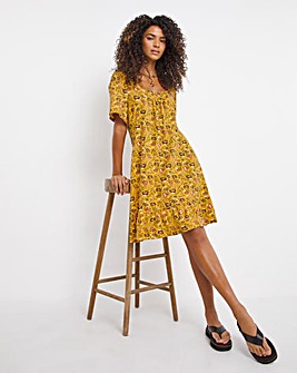 Yellow Floral Square Neck Angel Sleeve Swing Dress