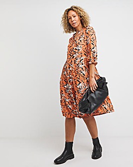 Coral Print V-Neck Balloon Sleeve Smock Dress