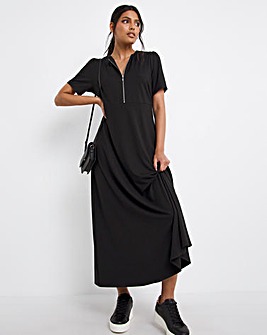 Black Zip Front Soft Touch Jersey Dress