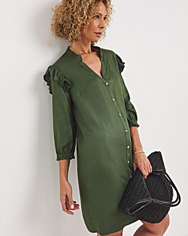 Green Viscose Twill Frill Shoulder Shirt Dress