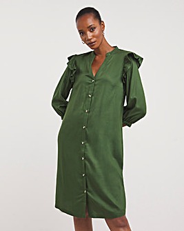 Green Viscose Twill Frill Shoulder Shirt Dress