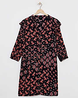 Pink Geo Viscose Twill Frill Shoulder Shirt Dress