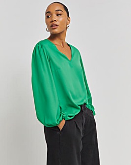 Green Long Sleeve Longline V Neck Boxy Top