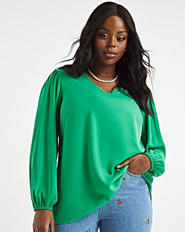 Green Long Sleeve Longline V Neck Boxy Top