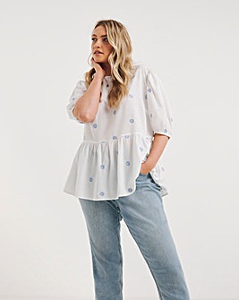 White Embroidered Puff Sleeve Top