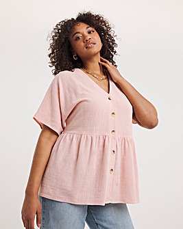 Blush Linen Look Button Through Peplum Blouse