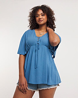 Blue Crinkle Angel Sleeve Blouse