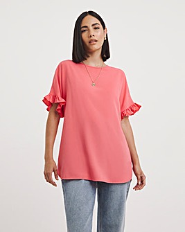 Coral Boxy Top with Frill Sleeves