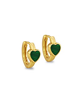 Sterling Silver Yellow Gold Plated Heart Malachite Huggy Earrings