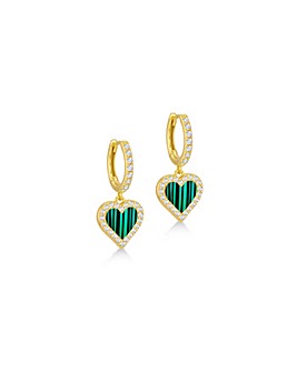 Sterling Silver Yellow Gold Plated Malachite and CZ Heart Hoop Drop Earrings