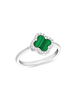 Sterling Silver Clover Malachite and White CZ Ring