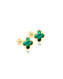 9ct Yellow Gold Clover Malachite Stud Earring