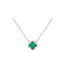 Sterling Silver Clover Malachite and CZ Necklace