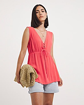 Coral Crinkle Tie Front Sleeveless Blouse