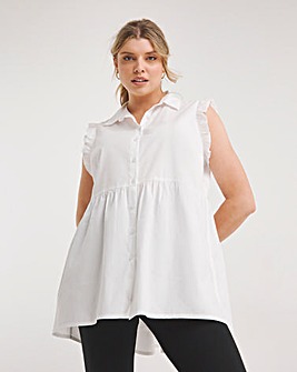 White Sleeveless Poplin Dipback Frill Shirt