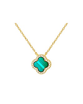 Sterling Silver Yellow Gold Plated Clover Malachite and CZ Necklace