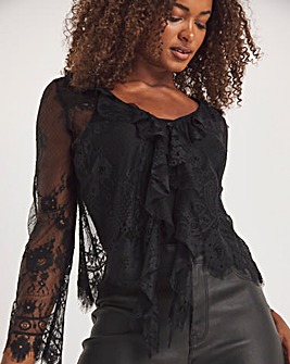 Black Lace Ruffle Front Blouse