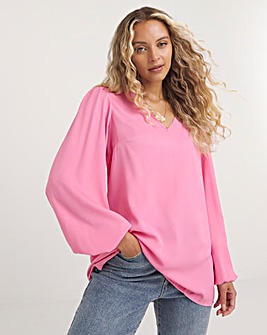 Pink Long Sleeve V Neck Woven Boxy Blouse