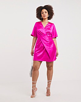 Pink Satin Wrap Front Dress