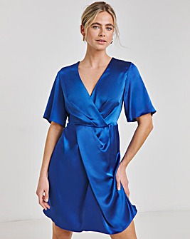 Cobalt Satin Wrap Front Dress