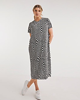 Checkerboard Print Plisse T-Shirt Midi Dress