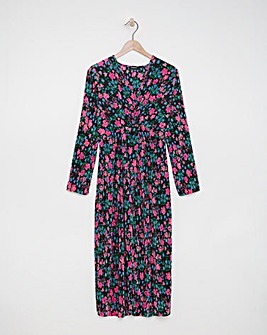 Floral Print Twist Front Plisse Midi Dress