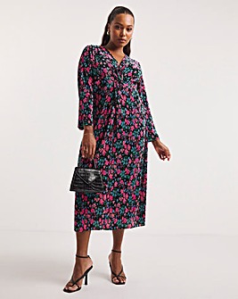 Floral Print Twist Front Plisse Midi Dress