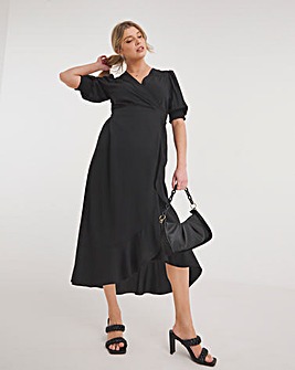 Black Ruffled Front Wrap Midi Dress