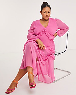 Boutique Pink Long Sleeve Frill Tiered Maxi Dress