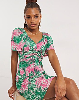 Tropical Floral Print Twist Front Skater Dress