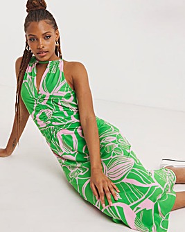 Tropical Floral Print Ruched Front Midi Dress