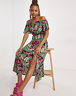 Tropical Floral Print Bardot Maxi Dress