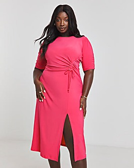 Pink Ruched Sleeve Midi Dress