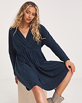 Navy Wrap Front Ribbed Smock Dress