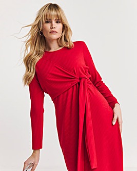 Red Ribbed Wrap Midi Dress