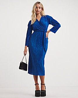 Blue Plisse Wrap Front Midi Dress
