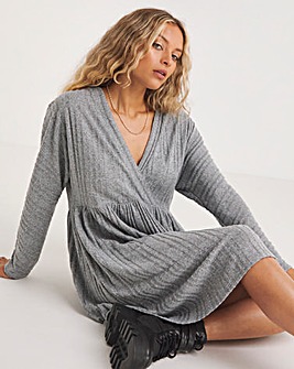 Grey Wrap Front Ribbed Smock Dress