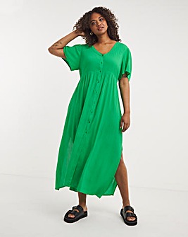 Green Crinkle Button Up Midi Dress With EcoVero TM Viscose
