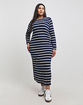 Blue Stripe Long Sleeve Ribbed T-Shirt Dress