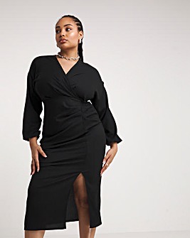 Black Textured Jersey Ruched Midaxi Column Dress