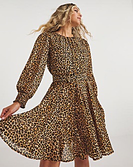 Leopard Print Georgette Belted Skater Dress