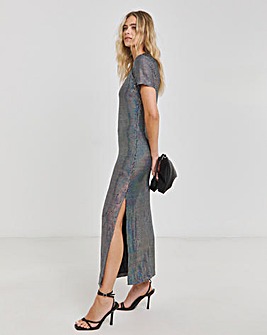 Silver Irredescent Foil Midi Column Dress