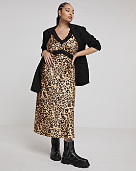 Leopard Print Lace Trim Satin Slip Dress