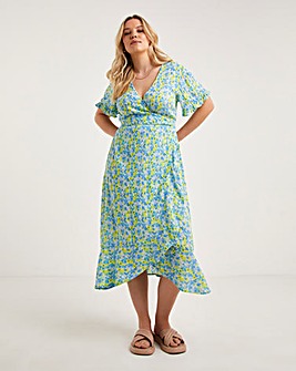 Blue Floral Crinkle Wrap Dress With EcoVero TM Viscose