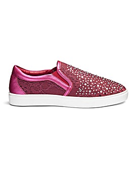 Heavenly Soles Lace and Diamante Slip On Shoes Wide E Fit