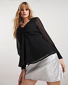 Ruched Front Dobby Blouse Black with Shirred Cuffs