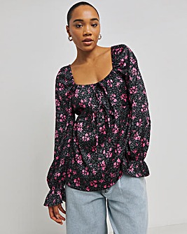 Black Floral Satin Square Neck Blouse with Tie Detail and Frill Cuffs